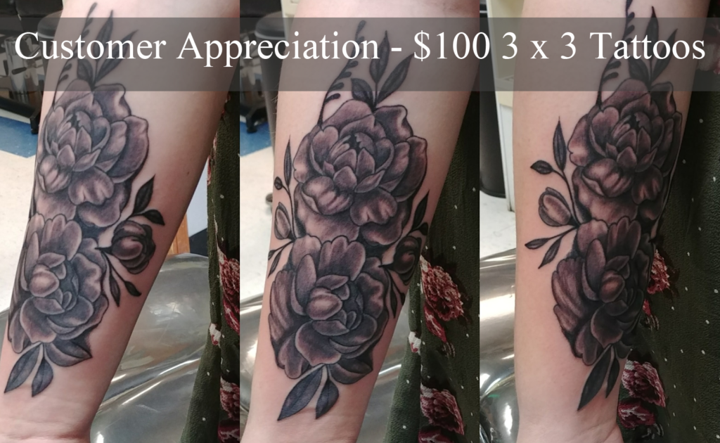 Tuesdays ONLY: Customer Appreciation 3 x 3 Tattoos for $100